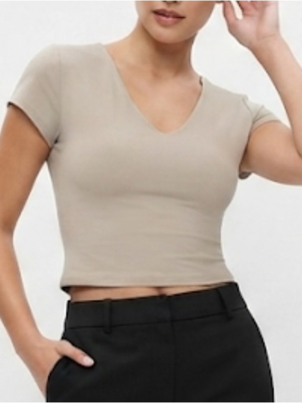 Aerie Short Sleeve V-Neck Crop Tee - Beige Size Large